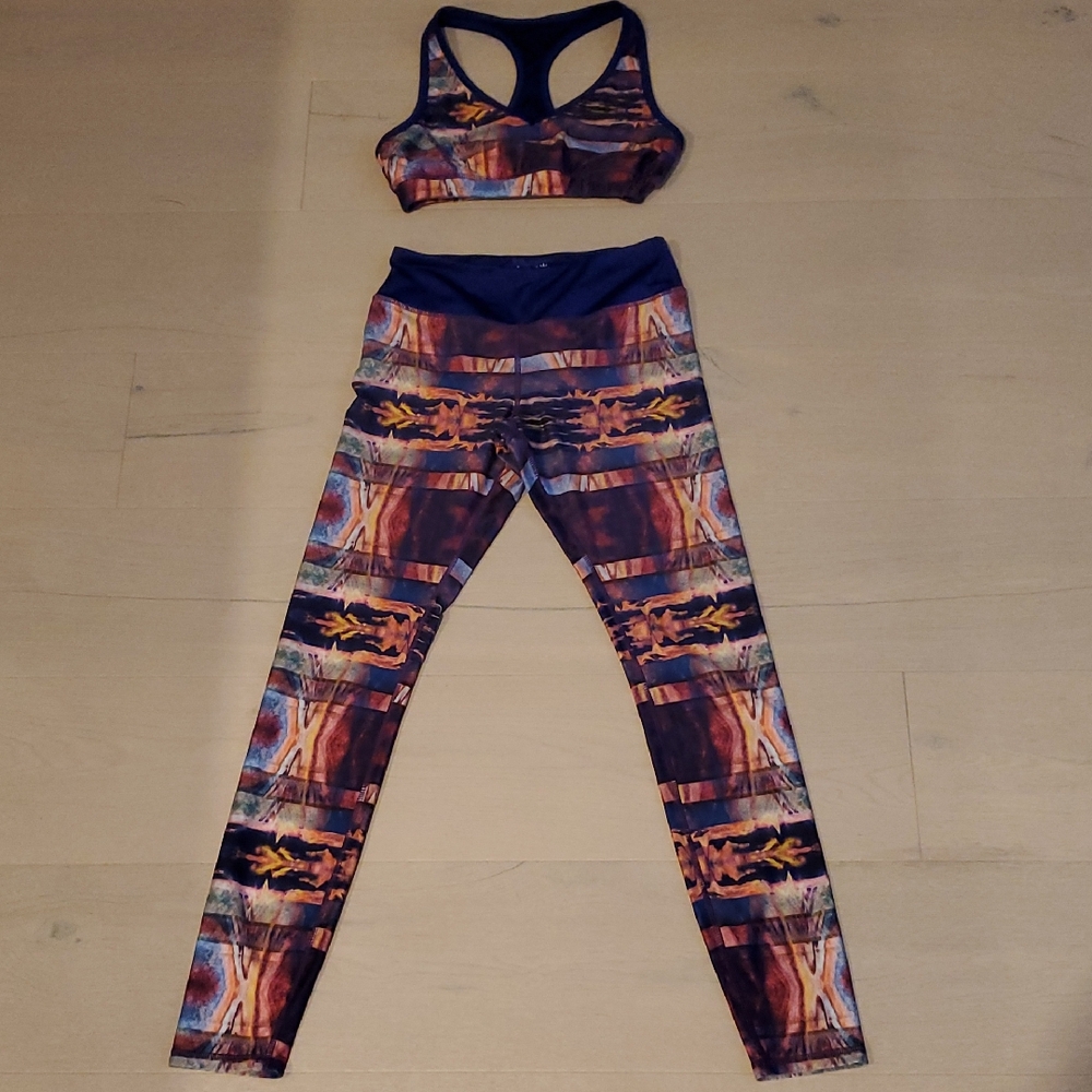 Kyodan Vibrant Blue and Orange Multicolor Sports Leggings & Bra